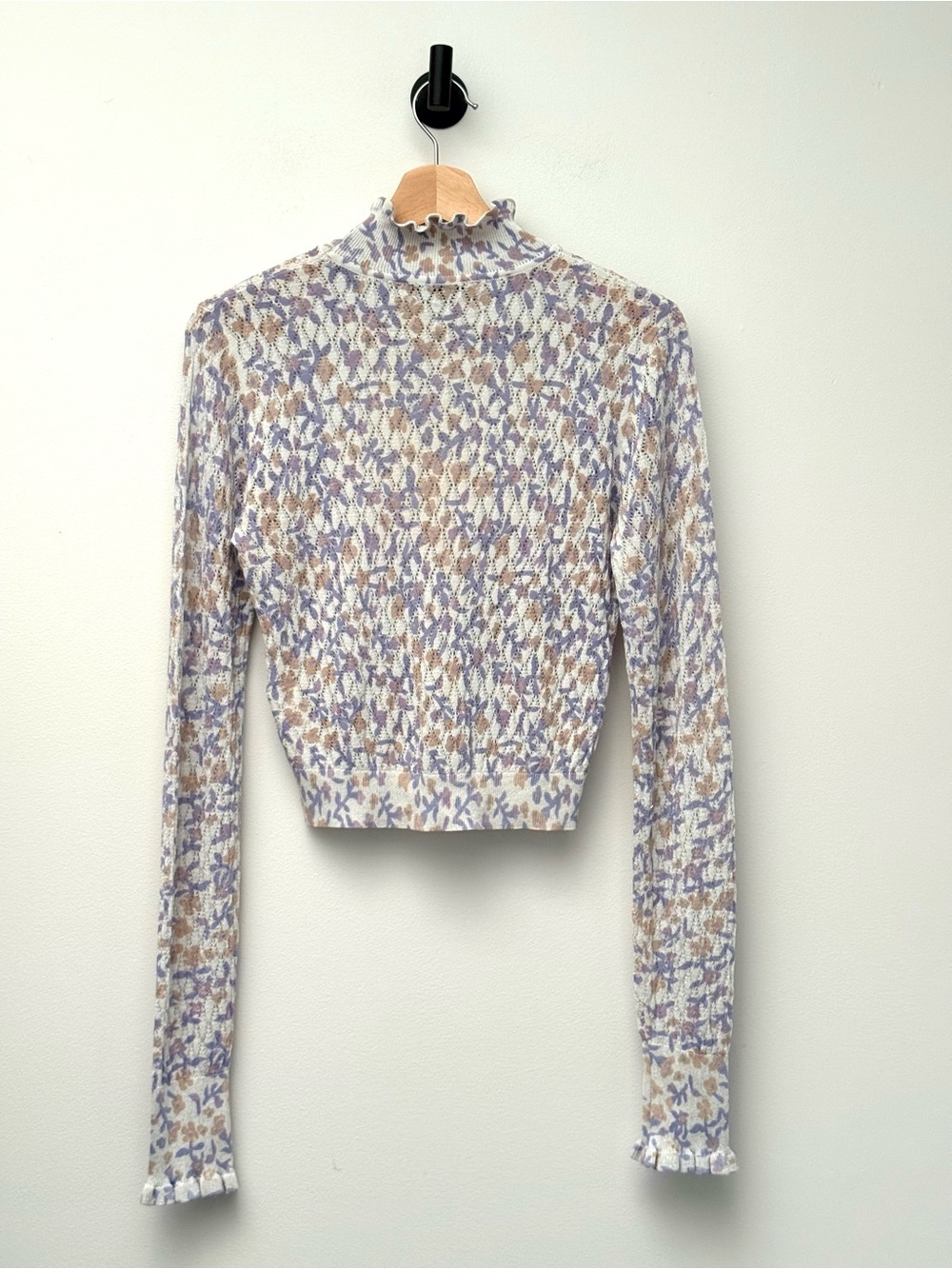 Zara Fine Knit Top Floral Print Mock Neck Ruffle Long Sleeve Sweater Cottagecore - Picture 5 of 12